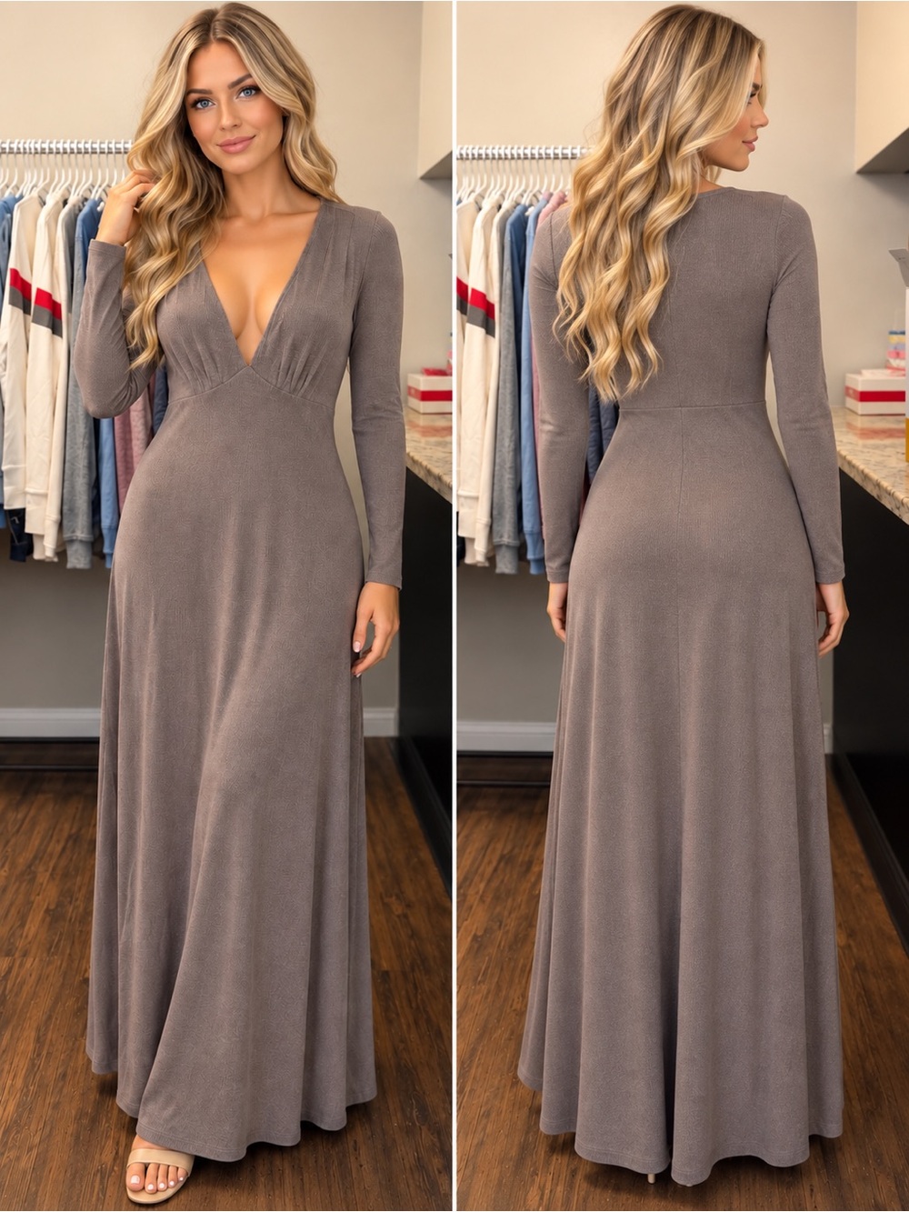 Target 🎯 Deep V Long Sleeve Maxi Dress in Taupe